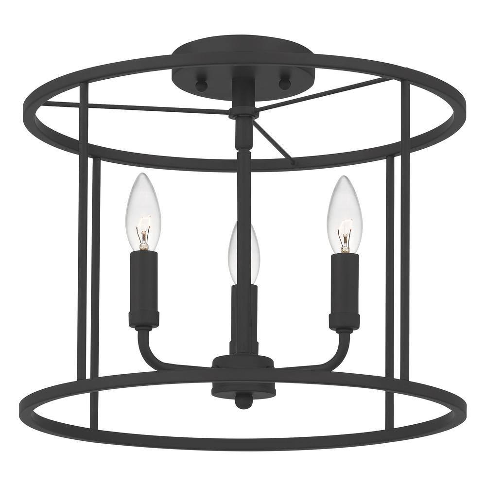 Abner Matte Black 14" Transitional Semi-Flush Mount with Hammered Glass