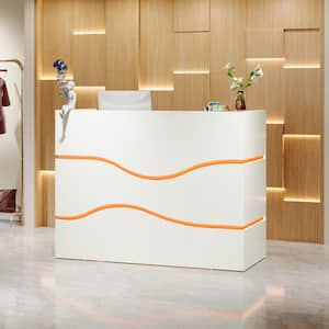 Perry 55.12 in. White Wood Reception Desk 7-Color LED Lights Modern Front Desk Counter Checkout Counter Lobby Retail