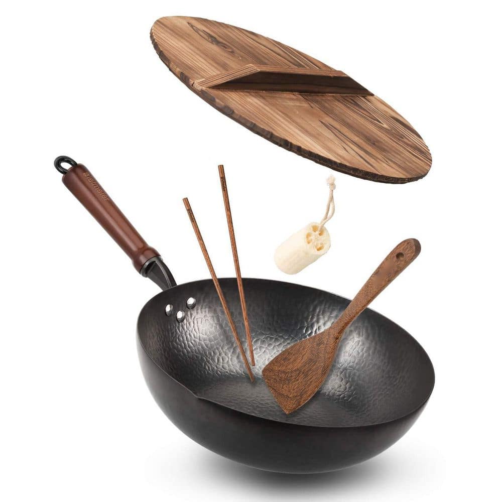 12.5 in. Carbon Steel Wok Pan with Flat Bottom, Wooden Handle and Lid, Cookware Accessories, Fits All Stove Types price history on PriceWatchPro
