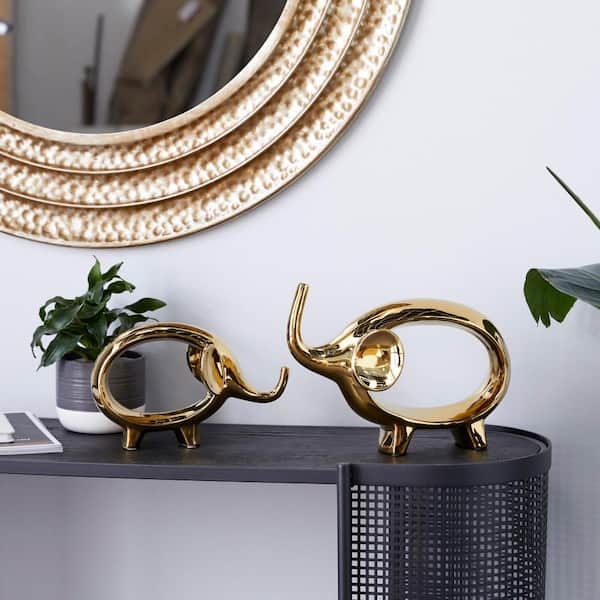 Litton Lane Gold Porcelain Elephant Sculpture (Set of 2)