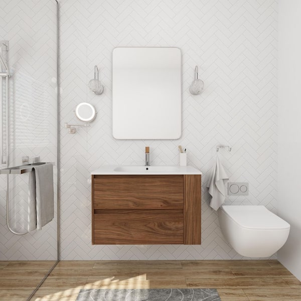 30 in. W x 18 in. D x 19 in. H Single Sink Wall Mounted Bath Vanity in Brown Oak with White Cultured Marble Top