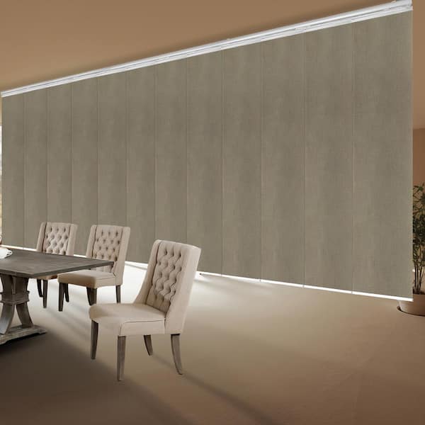 EMOH Linen Beige 140 in. - 260 in. W x 94 in. L Adjustable 12-Panel White Double Rail Panel Track with 23.5 in. Slates