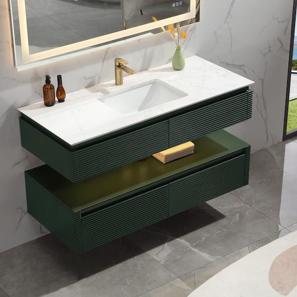Wilton 48 in. W x 20.8in. D x 19.6 in. H Floating Bathroom Vanity Set in Green with White Engineer Marble Countertop