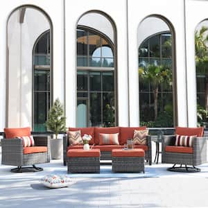 New Vultros Gray 6-Piece Wicker Outdoor Patio Conversation Set with Orange Red Cushions and Swivel Rocking Chairs