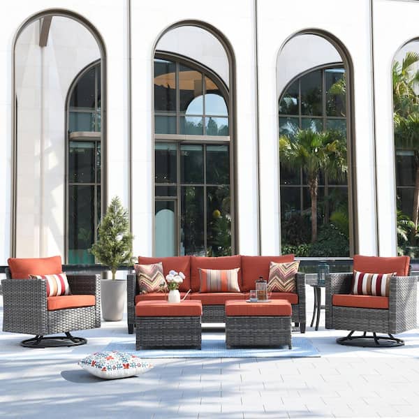 OVIOS New Vultros Gray 6-Piece Wicker Outdoor Patio Conversation Set with Orange Red Cushions and Swivel Rocking Chairs