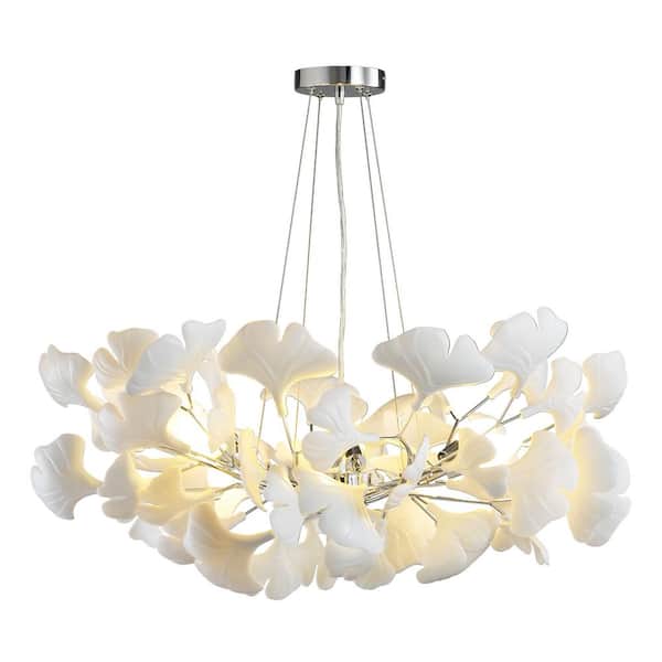 YUYI 6-Light Silver Chandelier, Luxury Ceramic Ginkgo Branch Chandelier for Living Room, Dining Room, Kitchen Island-L31 in.