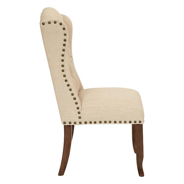Jessica Linen Polyester Fabric Tufted Wing Chair with Bronze Nail-Heads and Coffee Legs