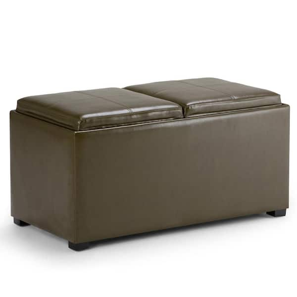 Simpli Home Avalon 35 in. Contemporary Storage Ottoman in Deep Olive Green Faux Leather