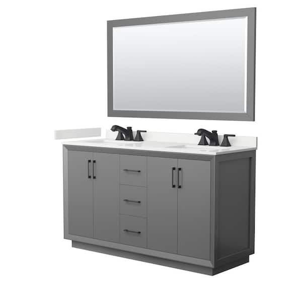 Wyndham Collection Strada 60 in. W x 22 in. D x 35 in. H Double Bath Vanity in Dark Gray with White Quartz Top and 58 in. Mirror