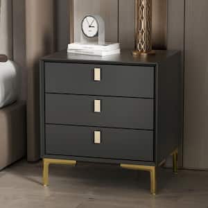 3-Drawer Black Nightstands Side End Table With Gold Metal Legs For Living Room, Bedroom