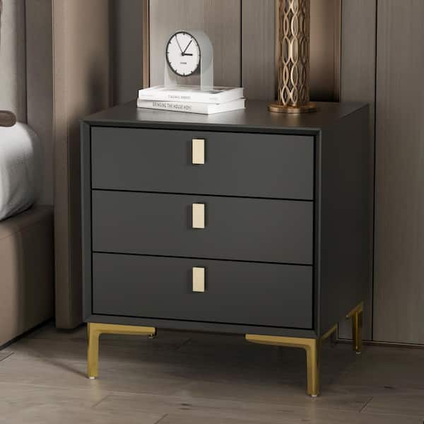 FUFU&GAGA 3-Drawer Black Nightstands Side End Table With Gold Metal Legs For Living Room, Bedroom