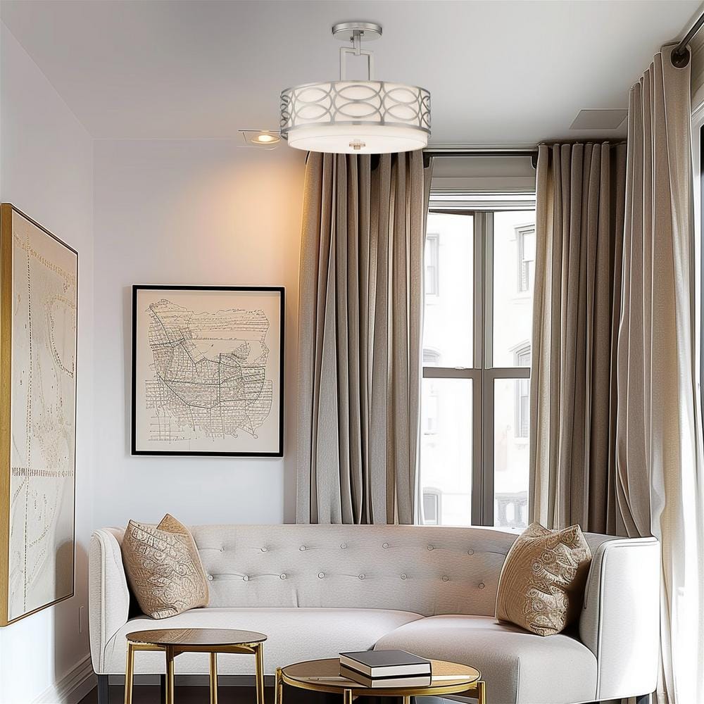 Sienna 15" Brushed Nickel Drum Ceiling Light with White Fabric Shade