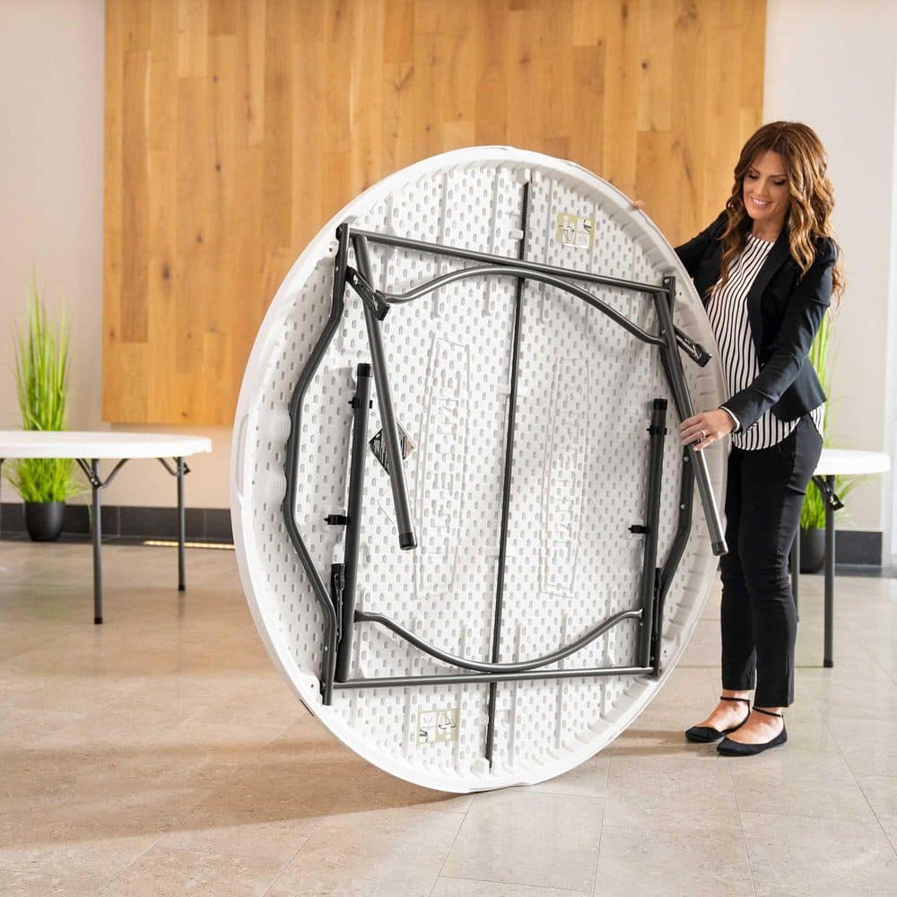 60-Inch White Granite Round Folding Table with Steel Frame