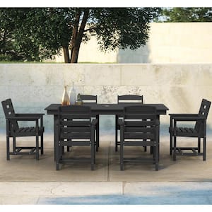 HDPE 7-Piece Plastic Rectangle Standard Height Outdoor Dining Set in Black