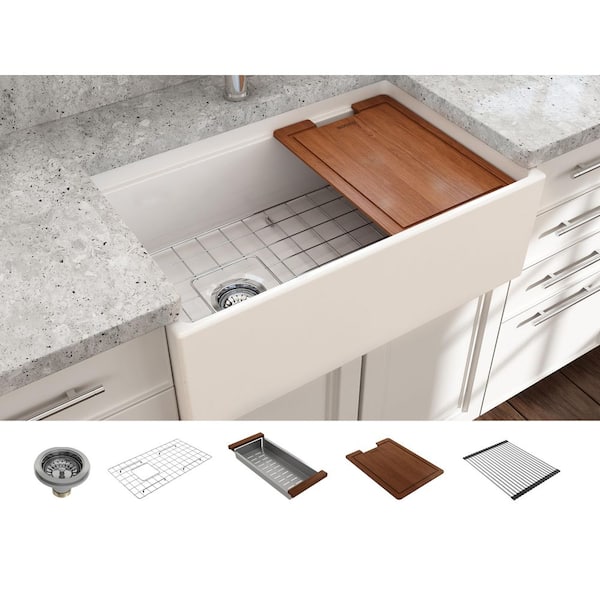 Step-Rim White Fireclay 30 in. Single Bowl Farmhouse Apron Front Workstation Kitchen Sink w/ Accessories