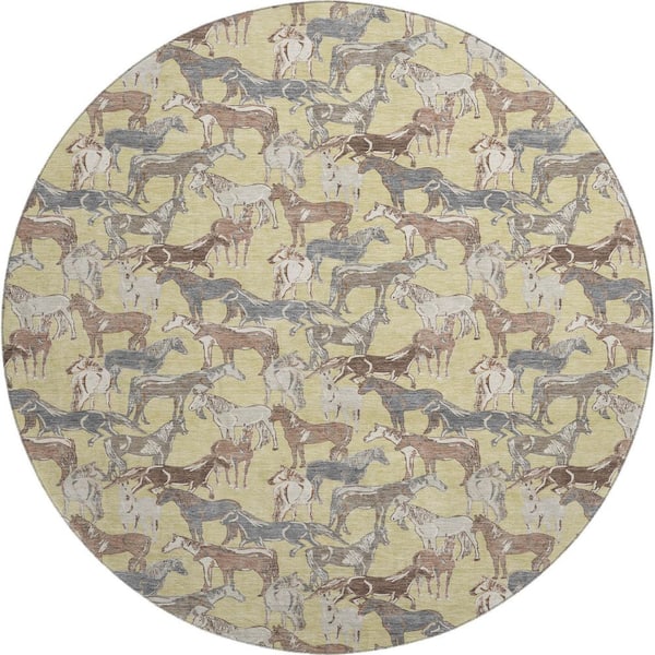 Mayfield Premium Machine Washable Abstract AMF2520 Wheat 8 ft. x 8 ft. Round Rug
