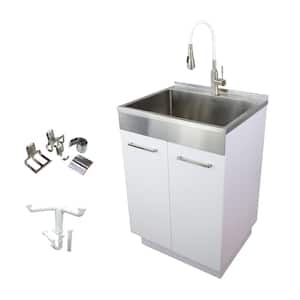 24 in. x 20 in. x 34.6 in. Stainless Steel Laundry/Utility Sink and Wood Cabinet with Faucet in White