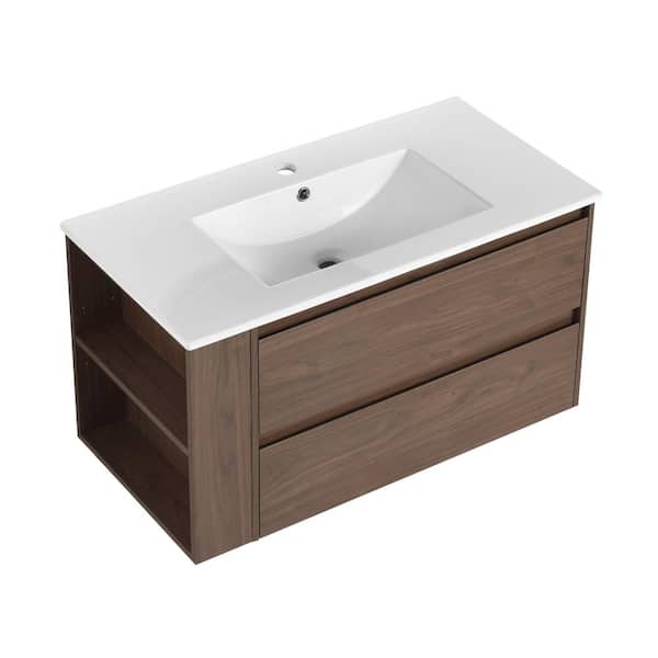Xspracer Victoria 36 in. W x 18 in. D x 19 in. H Floating Single Sink Bath Vanity with Acrylic in White and Cabinet in Walnut Top