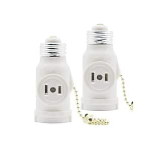 Polarized Outlet Light Socket Adapter E26 Bulb Socket to Outlet Splitter with Pull Chain Switch, White (2-Piece)