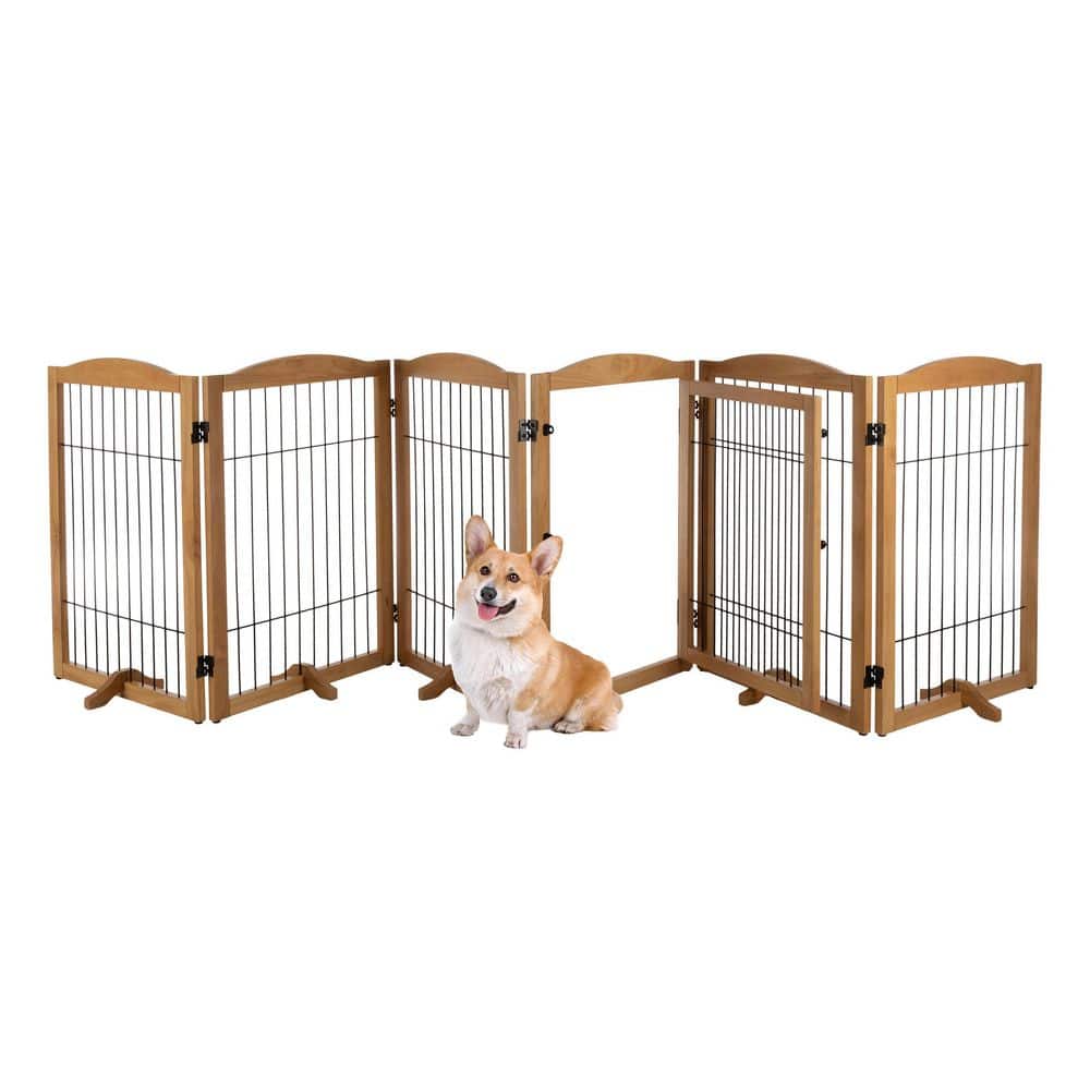 Natural Wood and Metal Freestanding Pet Gate, 132.5x31.5-Inch