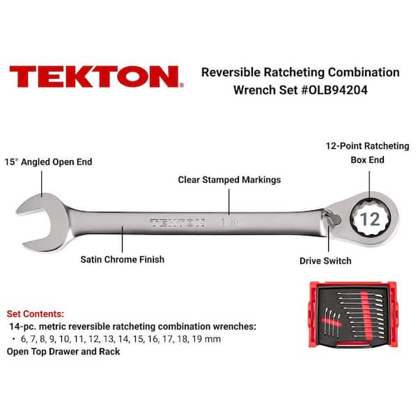 Reversible 12-Point Ratcheting Combination Wrench Set with Open Top Drawer and Rack, 14-Piece (6-19 mm)