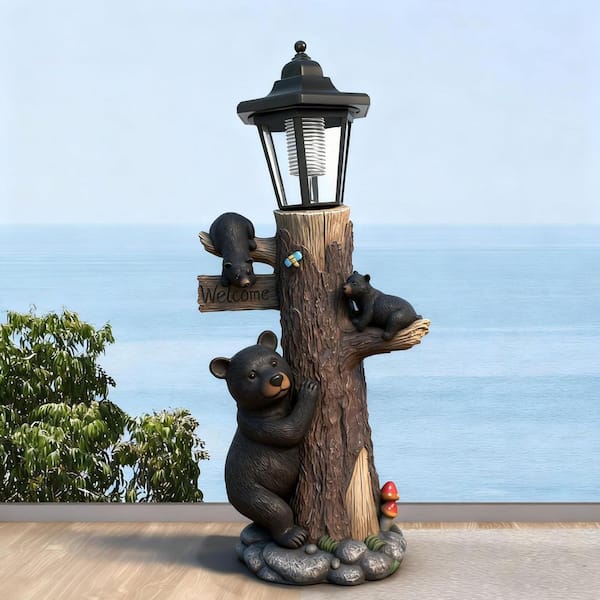 Bear Statue Welcome Sign Garden Statue with Solar Lights