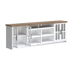 97 in. Fully Assembled White and Brown TV Stand, Fits TV's up to 85 in.