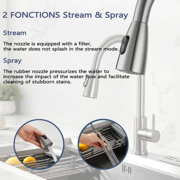 Satico 15.67 in. Single Handle Stainless Steel 360 ° Spout Swive Pull Down Sprayer Kitchen Faucet in Brushed Nickel