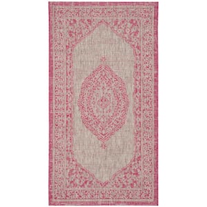 Courtyard Light Gray/Fuchsia 2 ft. x 4 ft. Border Indoor/Outdoor Patio Area Rug