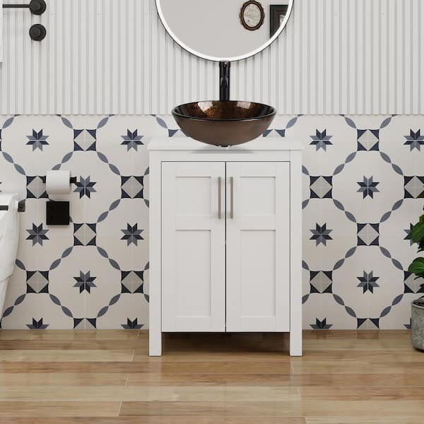 24 in. W x 18.1 in. D x 31.7 in. H Single Sink White Bath Vanity with White Solid Surface Top Brown Plus Round Sink
