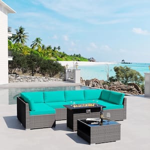 8-Piece Wicker Outdoor Fire Pit Patio Sectional Conversation Set with Turquoise Blue Cushions and Rectangular Fire Pit