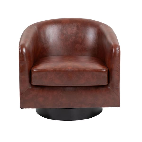 Uixe Red Brown PU Leather Upholstered 360° Swivel Arm Chair With Wood Base (Set of 1)