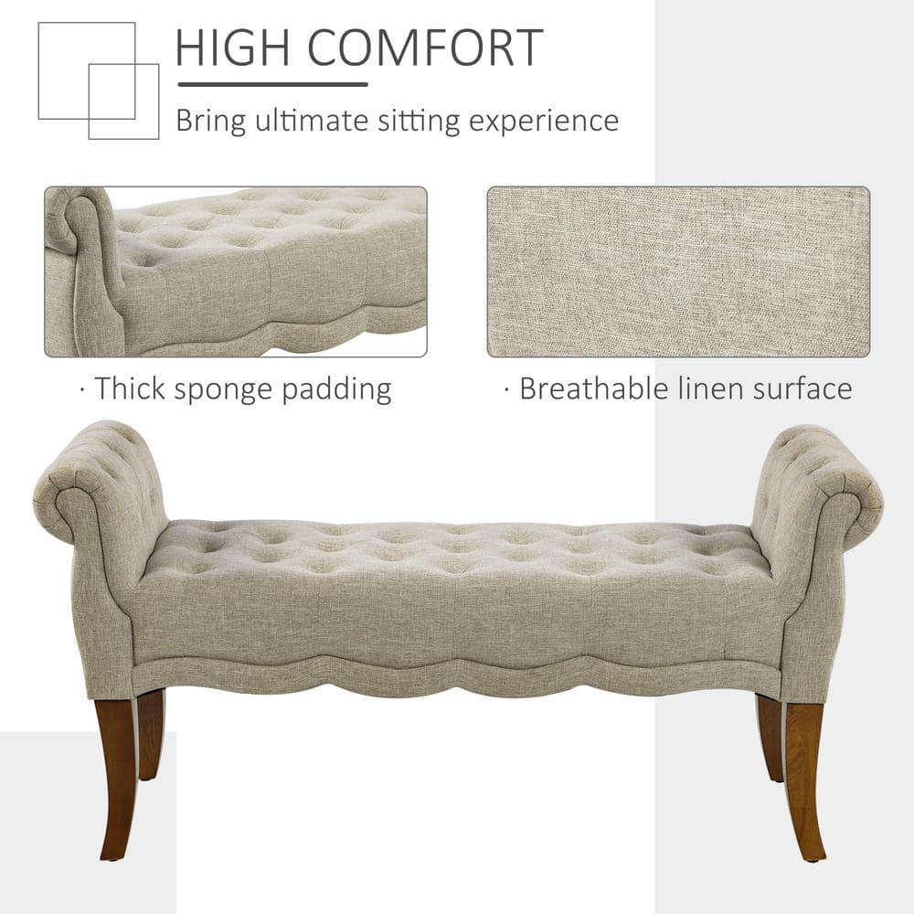 Elegant Beige Linen Tufted Bedroom Bench with Rounded Arms