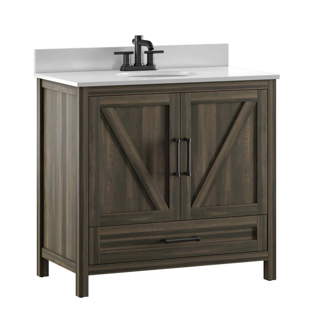 36 in. W x 20 in. D x 37.88 in. H Freestanding Single Sink Bath Vanity with White Stone Top in Canyon Lake Pine -  Twin Star Home, 36BVK4771-PD23