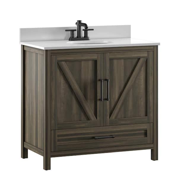 Twin Star Home 36 in. W x 20 in. D x 37.88 in. H Freestanding Single Sink Bath Vanity with White Stone Top in Canyon Lake Pine