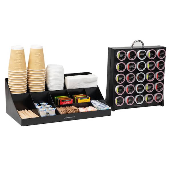 Mind Reader Black 11-Compartment Organizer and Pod Carousel Set, 50 Pod Capacity, 17.875 in. L x 9.5 in. W x 6.625 in. H, 2 Piece