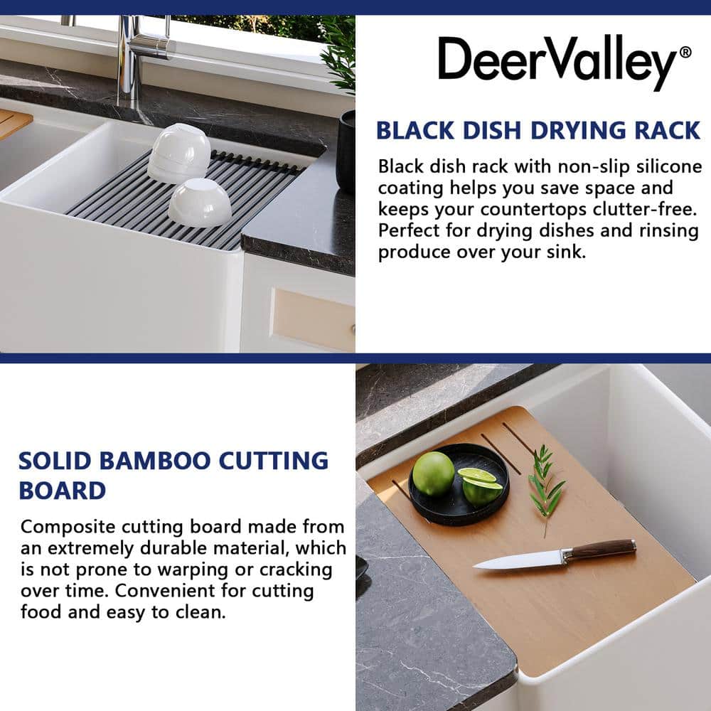 33" White Fireclay Double Bowl Farmhouse Workstation Sink