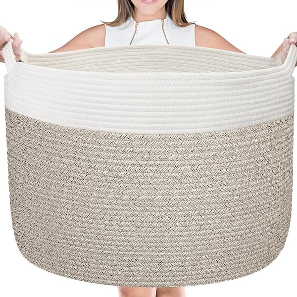 Cubilan Brown Cotton Rope Basket, 22 in. x 14 in. Blanket Basket for Living Room