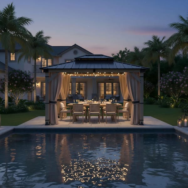 10 ft. x 12 ft. Fir Wood Gazebo with Galvanized Steel Hardtop Double Roof, Insect Screens and Privacy Curtains