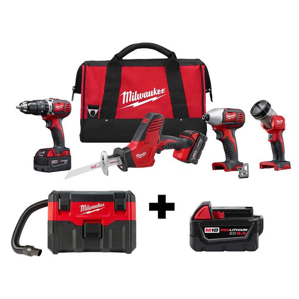 Milwaukee M18 18V Lithium-Ion Cordless Combo Tool Kit (4-Tool) w/ Wet/Dry  Vacuum and Additional 5.0Ah Battery 2695-24-0880-20-48-11-1850 The Home  Depot