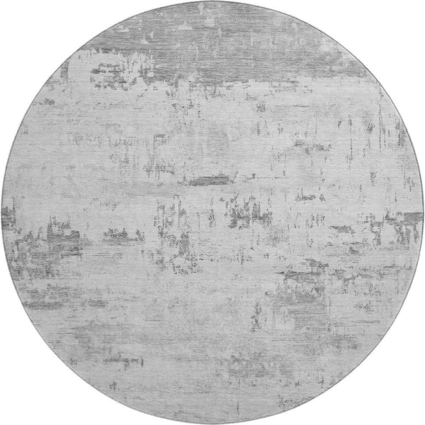 Mayfield Premium Machine Washable Abstract AMF2145 Silver 8 ft. x 8 ft. Round Rug
