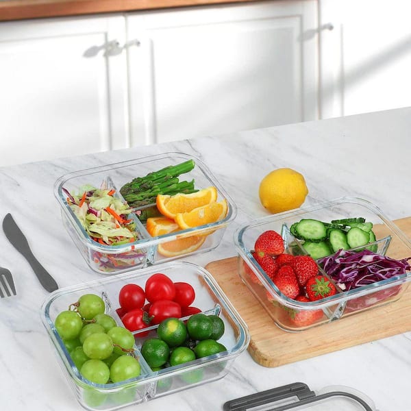 Borosilicate Glass Meal Prep Containers 3 Compartment with Lids Airtight Leakproof Stackable 5-Pack 36 oz.