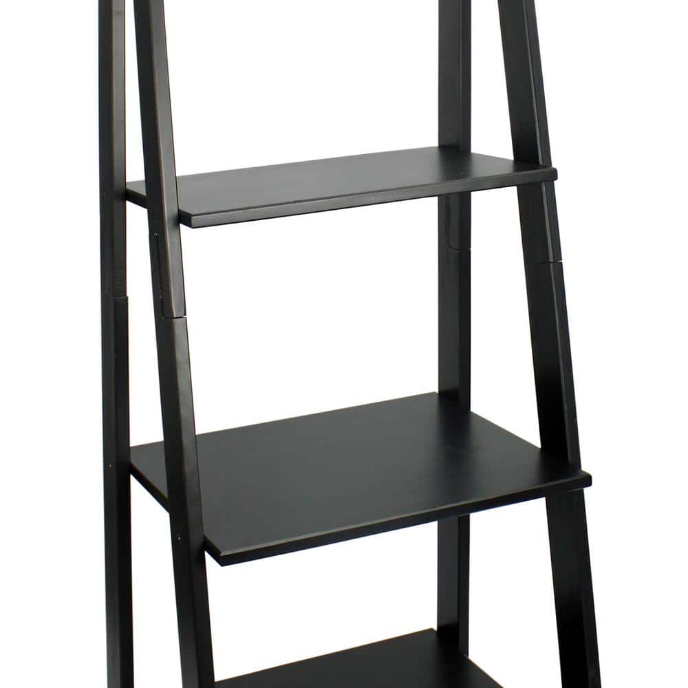 Sleek Black Solid Wood 5-Shelf Freestanding Ladder Bookcase