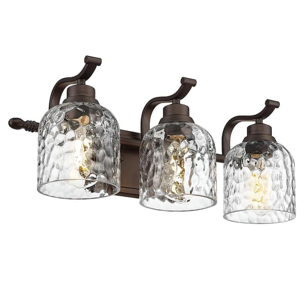 20.47 in. 3-Light Oil Rubbed Bronze Bathroom Vanity Light with Hammered Glass Shades and No Bulbs