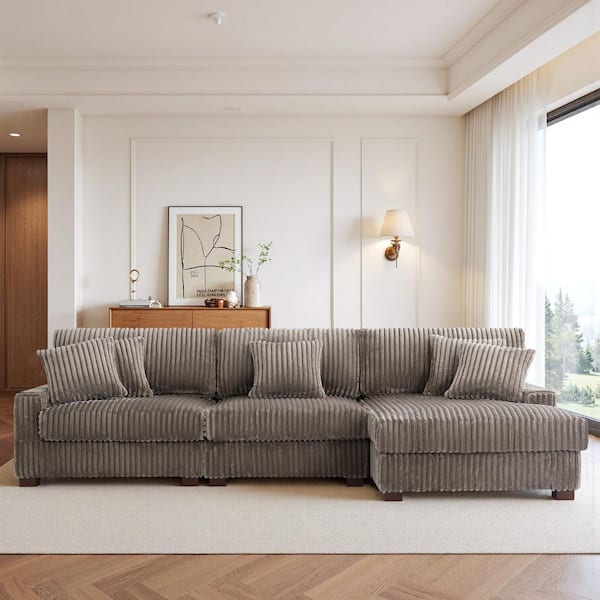 118.31 in. W Square Arm 3-piece Faux Rabbit Fur Fabric L-Shaped Right Facing Modular Sectional Sofa in. Light Brown