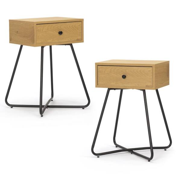 Angel Sar 1-Drawer Oak Nightstand with Cross Legs and Adjustable Foot Pads, 15.7"W x 11.8"D x 23.6"H
