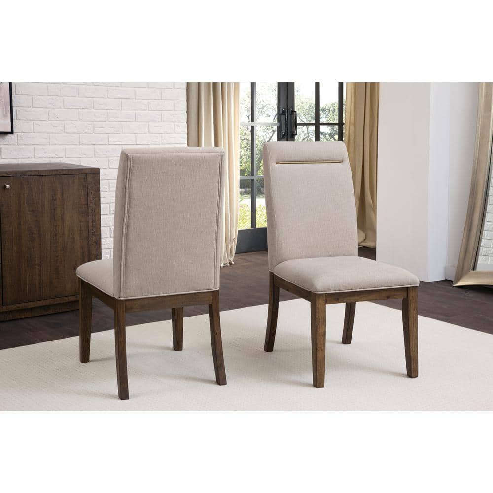 Caramel Wood 7-Piece Trestle Dining Set with Beige Upholstered Chairs