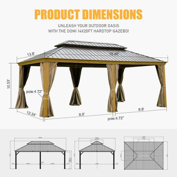 14 ft. x 20 ft. Outdoor Hardtop Gazebo Metal Gazebo with Galvanized Steel Roof, Aluminum Frame, Curtain, Netting,Hooks