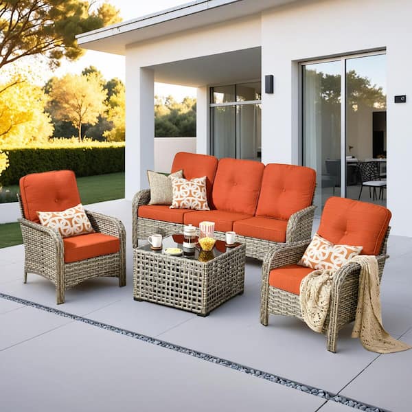 Vera 4-Piece Wicker Patio Conversation Seating Sofa Set with Orange Red Cushions and a Led Table
