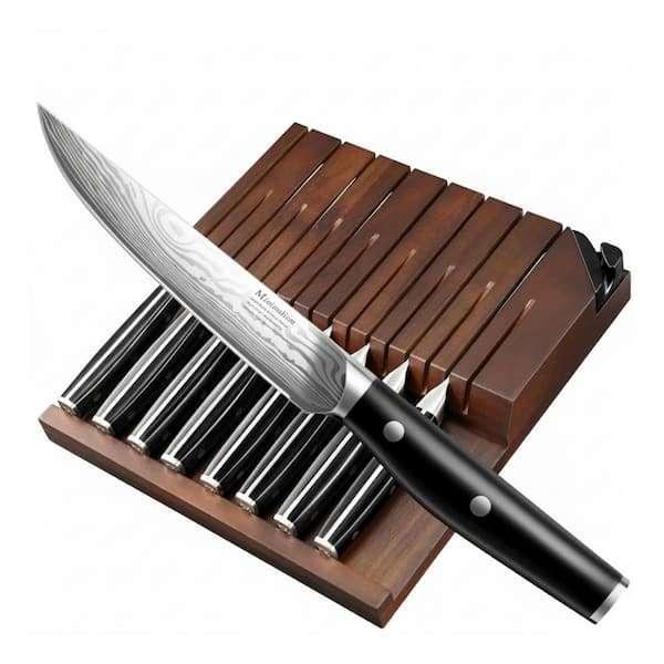 4.6 in. Stainless Steel Steak Knife with Full Tang Handle Non-Serrated Set of 8 w/ Drawer Organizer Built-in Sharpener